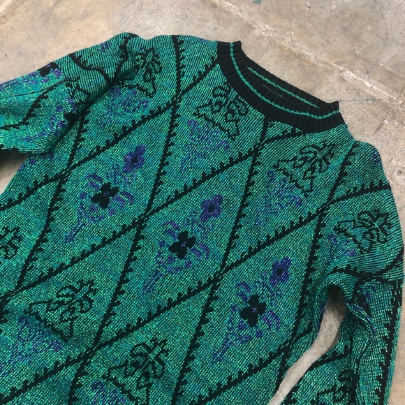 Vintage 70s Lurex Sweater Oversized Green Black - Picture 4 of 5